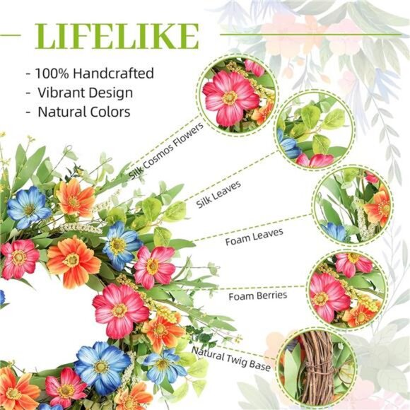 Summer Front Door Cosmos Flower Wreath, 20 Inch Spring Wreath Farmhouse Decor - Picture 3 of 7